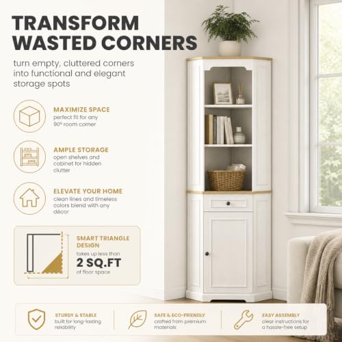 68" Tall Corner Cabinet with Adjustable Shelves | Bar Storage Cabinet with Drawer & Door, Freestanding Wood Corner Bookshelf for Bathroom, Living room, Dining room & Kitchen