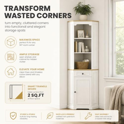 68" Tall Corner Cabinet with Adjustable Shelves | Bar Storage Cabinet with Drawer & Door, Freestanding Wood Corner Bookshelf for Bathroom, Living room, Dining room & Kitchen
