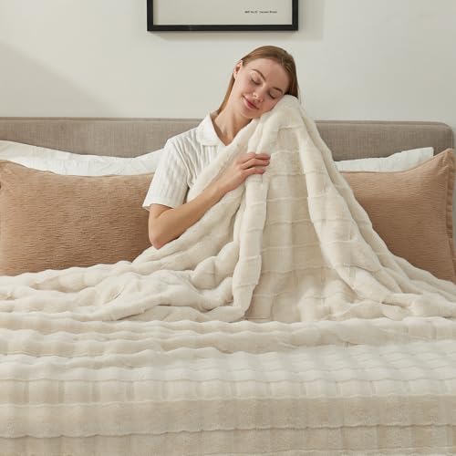 Cozy Bliss Fluffy Faux Fur Blanket King Size for Bed, Fuzzy Soft Striped Plush Blanket, Thick Throw for Bedroom Couch Gift, 108x90 Inches Cream White - color: Cream White, size: King(108" x 90")
