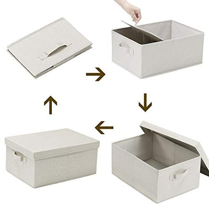 HOONEX Foldable Storage Bins with Lids, 2 Pack, Storage Boxes with Carrying Handles and Sturdy Heavy Cardboard, 16.5" L x 11.8" W x 7.5" H for Shoes, Books, Clothes, Beige - color: Beige