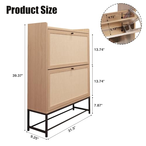 Narrow Shoe Storage Cabinet for Entryway with 2 Flip Drawers,Natural | Freestanding Narrow Shoe Cabinet with Natural Linen Panel, Slim Wood Shoe Organizer Closed Shoe Rack for Hallway, Foyer - color: Natural, size: 2 Drawers Standard