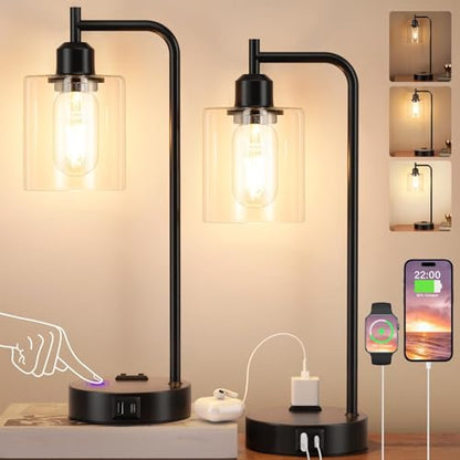 Industrial Touch Lamps for Nightstand Set of 2, 3-Way Dimmable Bedside Lamp | Glass Shade, USB C+A Charging Port & Outlet, Black Desk Lamps for Bedroom, Living Room, Home Office, Reading - color: A-Clear