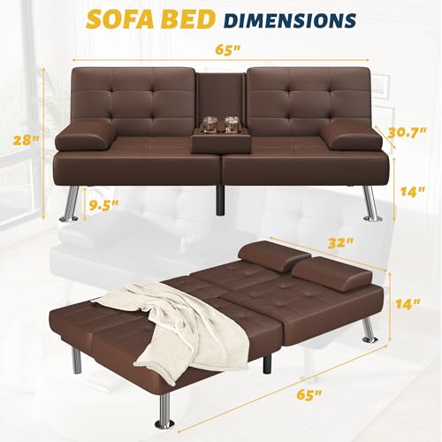 Furmax Leather Futon Sofa Bed, Adjustable Futon Couch for Living Room | Sleeper Sofa Bed with 2 Cup Holders, Reclining Futon Loveseat for Apartment, Business Office & Small Spaces | Brown - color: Brown
