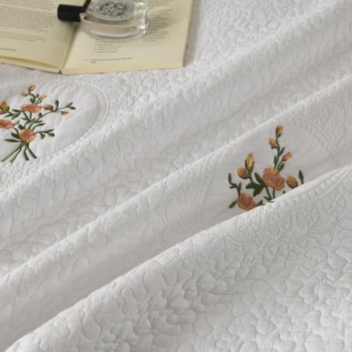 MarCielo 3pcs Cotton Quilt Set White Rose Bouquet | Embroidered Bedspread Lightweight All Season Quilted Bedding - color: White Rose Bouquet, size: Queen (98" x 90")