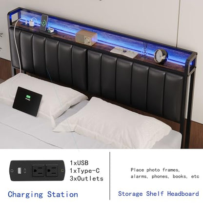 Queen Size Upholstered Headboard with LED Lights & Charging Station, PU Upholstery, Queen Headboard Only, Height Adjustable, Attach Frame, Sturdy and Stable, Easy Assembly - color: Black, size: Queen