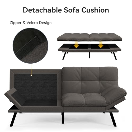 Vipbear Convertible Futon Sofa Bed,Grey Linen Futon Couch with Detachable Cushion,Adjustable Backrest & Armrest,Modern Small Recliner Loveseat Sleeper Couch for Living Room,Office,Apartment