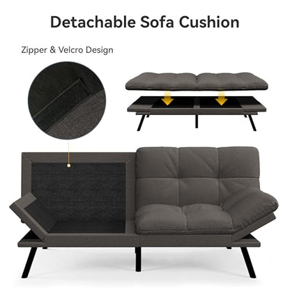 Vipbear Convertible Futon Sofa Bed,Grey Linen Futon Couch with Detachable Cushion,Adjustable Backrest & Armrest,Modern Small Recliner Loveseat Sleeper Couch for Living Room,Office,Apartment