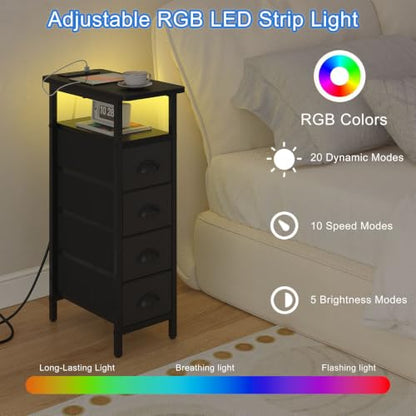 sthmec Nightstand Set 2 with Charging Station, Narrow End Table Set of 2 with 4 Drawers, LED Side Table with Fabric Drawers,Slim Sofa Couch Tables for Small Spaces,Living Room,Bedroom, Black - color: Black, style: Power & LED