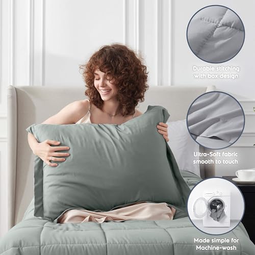 Nestl 5 Piece Twin Comforter Set – Sage Green Reversible Bed in a Bag – Complete Twin Size Bedding Set with Sheets, Pillowcase and Sham - color: Sage Green, size: Twin