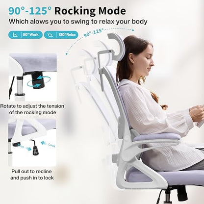 Ergonomic Office Chair,Mesh Office Chair with Lumbar Support,High Back Desk Chair with Flip-up Arms,400 lbs Big and Tall Computer Chair with Headrest,Comfy Desk Chairs (Lavender) - color: Lavender
