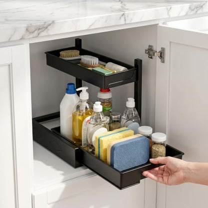 BLULEE 2 Pack Under Sink Organizer, Adjustable Pull Out Storage Rack | L-Shaped Set of 2 Sliding Bathroom Vanity & Kitchen Shelf, Bypasses Pipes, Heavy Duty Metal Frame Fits Tall Bottles