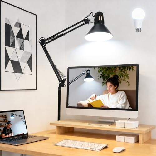 Black Desk Lamp with Clamp, Extra-Tall Adjustable Metal Swing Arm, 5000K | Manicurist Table Lamp for Nail Work, Drafting, Sewing, Crafting, College Dorm and Home Office, A19 Bulb Included - color: Black, size: 5000K Natural Daylight-Extra Long Swing Arm