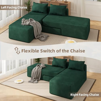 Boneless Sectional Couch, 4 in 1 Convertible Cloud Couch with Reversible Chaise & Deep Seat, Modular Sectional Sofa for Apartment, No Assembly Chenille Foam Couch in a Box, Green - color: Green, size: 89" Convertible Chaise Chenille