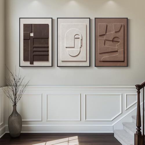 3D Textured Framed Brown and White Abstract Wall Art Set, 3 Piece 16x24 In | Solid wood frames, sculptural relief details, deep brown and ivory tones, ready to display in bedroom living room and dining - color: Brown White, size: 16"w X 24"h X 3pcs