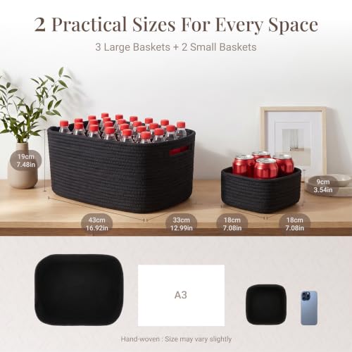 5-Pack Large Woven Rope Storage Baskets, 2 Sizes Organizer Bins | Fabric Cube Boxes and Rectangular Shallow Bins for Closet, Shelf, Bookshelf, Nursery, Changing Table, Bathroom, Toys & Home - color: black, size: 3pcs-16.92*12.99*7.08'' & 2pcs-7.08*7.08*3.