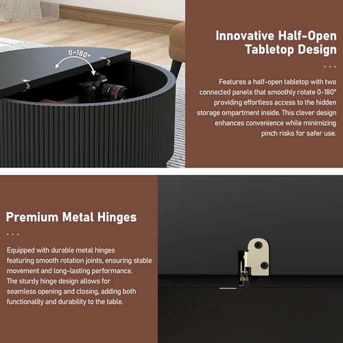 31.5" Round Coffee Table with Storage, Modern Accent Coffee Tables with Fluted Base, Wooden Circle Center Table for Living Room Small Space Apartment Office (Black) - color: Black 31.5" Round Flip-top