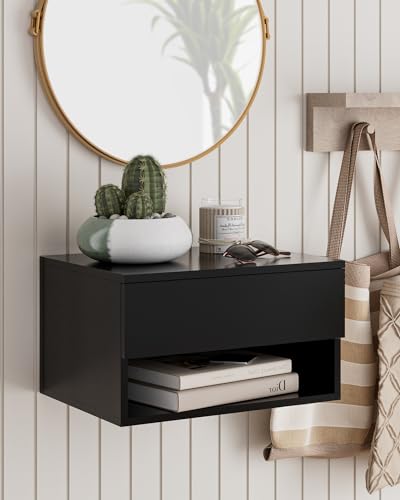 Modern Black Floating Nightstand with Drawer, Small Wall Mount Shelves | Small Space Saver, Modern Minimalist Design, Wall Mounted Shelves, for Bedroom, Bathroom, Living room, Easy Assembly, Black - color: Black