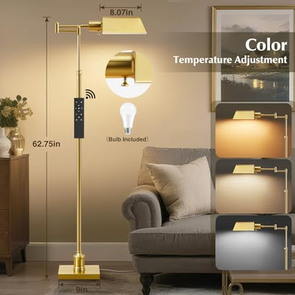 Traditional Height Adjustable Pharmacy Floor Lamp with 350° Swing Arm, Color Temperature Adjustable Standing Lamp Metal Shade for Living Room Reading House Bedroom Home Office(Gold) - color: Gold