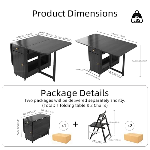 Folding Dining Table and Chairs - 59" Fully Assembled Drop Leaf Table 4-6 Seater with Storage and Lockable Wheels, Space-Saving Set with 2 Chairs for Kitchen or Dining Room (Black) - color: Black, size: 59.06″L Table & 2 Chairs