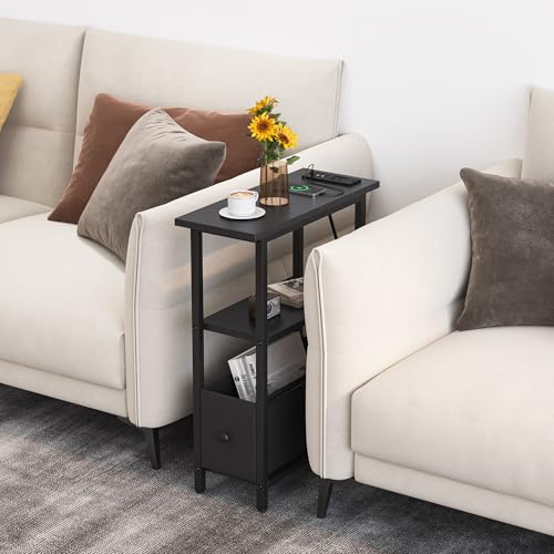 Narrow Side Table with Charging Station, Skinny End Table for Small Spaces, Thin Sofa Side Table with 1 Fabric Drawer, Slim Nightstand for Living Room, Bedroom, Black - color: Black, style: With Plug