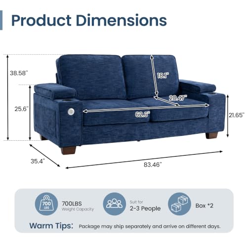 83" Couches for Living Room, Modern Deep Seat Chenille Loveseat Sofa, Blue | With USB & Type-C Ports, Adjustable Storage Armrest, Cup Holders, Solid Wood Frame Small Sofa for Small Spaces - color: Blue