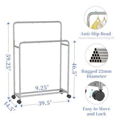 Simple Trending Clothing Clothes Rack, Double Rod Garment Rack, Silver | Portable Closet with Bottom Shelf, Anti-Slip Stoppers, 360° Lockable Wheels, Multiple Uses, Bedroom, Laundry Room - color: Sliver