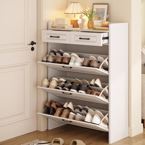 Lakifun Shoe Cabinet for Entryway, Narrow Shoe Storage Cabinet with 3 Flip Drawers and 2 Top Drawers, Modern Shoe Rack Organizer Cabinet for Hallway, Apartment, Living Room, White - color: White