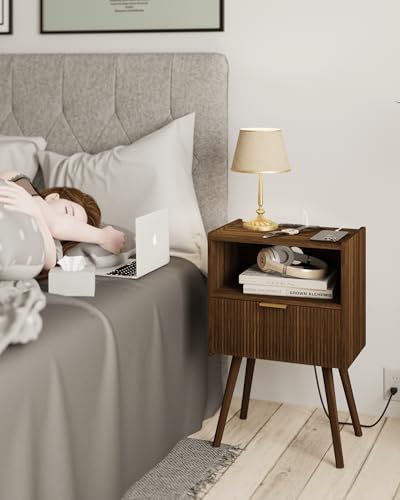 Nightstand with Outlet,Modern Bedside Table with Storage Drawer and Open Wood Shelf, for Living Room, Bedroom and Small Spaces, Accent Night Stand with Solid Wood Legs, Easy Assembly,Brown - color: Walnut Brown-outlet