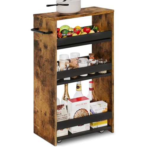 TEAMIX Slim Rolling Storage Cart, Wood 4-Tier Narrow Kitchen/Laundry Cart | 7.9"W Thin Cabinet with Wheels and Handle, Use as Spice Rack Next to Fridge, Laundry Room Organization Between Washer & Dryer - color: Brown+black, size: 7-7/8'' W