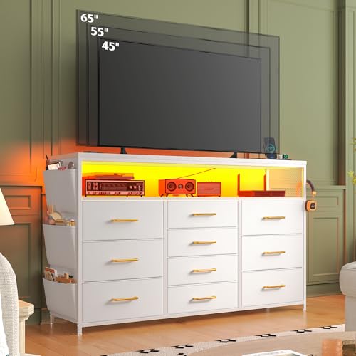 EnHomee Dresser with 10 Drawers, LED TV Stand for 55" TV with Power Outlets | Chest of Drawers with Side Pockets and Shelves, Metal Frame and Sturdy Wood for Bedroom, Hallway, White - color: White