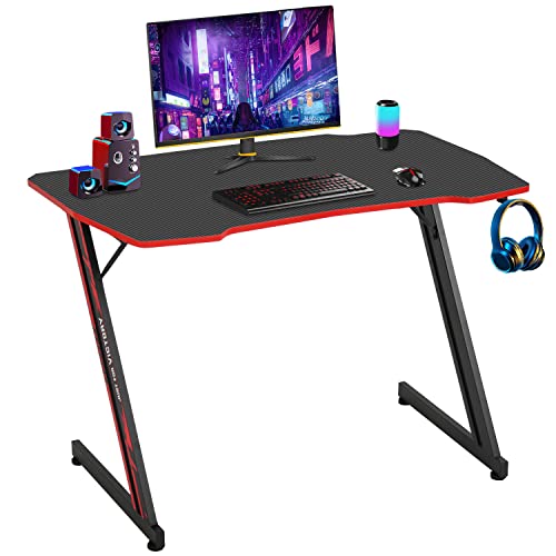 BestOffice | 39" Gaming Table | Red | Z-Shaped Computer Desk | with Steel Frame, Headphone Hook, Adjustable Feet | Carbon Fiber Texture| Easy to Clean | for Gaming, Home Office - color: Red, size: 39 Inch Z Shaped