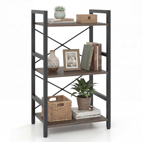 Tangkula 3-Tier Industrial Bookshelf, 16.5" Width Wooden Open Bookcase with Metal Frame, Freestanding Display Shelf Storage Organizer for Home Office, Living Room and Bedroom (Grey,28",1) - color: Grey, size: 16.5" X 11" X 28"