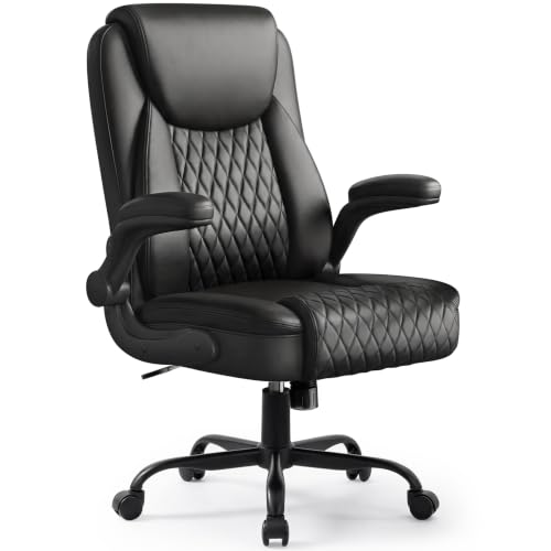 GTPOFFICE Executive Office Chair with Comfortable Lumbar Support, Ergonomic Gaming Chair with Flip-up Armrests & Zoned Pressure-Relief Cushion, Comfy PU Leather Desk Chair, Light Black - color: Light-black