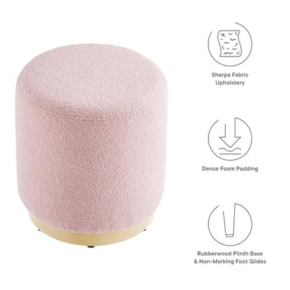 Modway Tilden 16 Inch Round Soft Sherpa Fabric Upholstered Ottoman in Blossom Natural - Small Ottoman Foot Rest with Rubberwood Plinth Base - Living Room Ottoman Side Table - Sherpa Ottoman Footstool - color: Blossom Natural