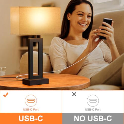 19.6" Touch Lamps for Nightstand, 3 Way Dimmable Bedroom Lamp, USB C+A | Touch Control, LED Bulb Included, Lamp with Charging Station, Bedside, Fabric Lampshade, Easy Assembly - color: A. Beige&Black, size: Medium(19.6in)