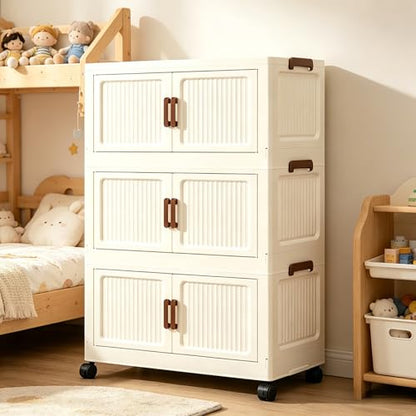 96QT Modular Stackable Storage Cabinet, Rolling Lidded Storage Containers with Wheels, Collapsible Drawer Storage Bins for Clothes, Toys, Bedroom, Dorm Room Organization, Cream White（3 Pack） - size: 3 Pack 20 L x 10 W x 29 H