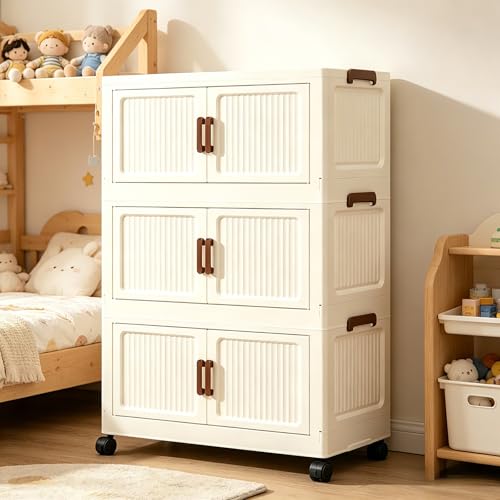 96QT Modular Stackable Storage Cabinet, Rolling Lidded Storage Containers with Wheels, Collapsible Drawer Storage Bins for Clothes, Toys, Bedroom, Dorm Room Organization, Cream White（3 Pack） - size: 3 Pack 20 L x 10 W x 29 H