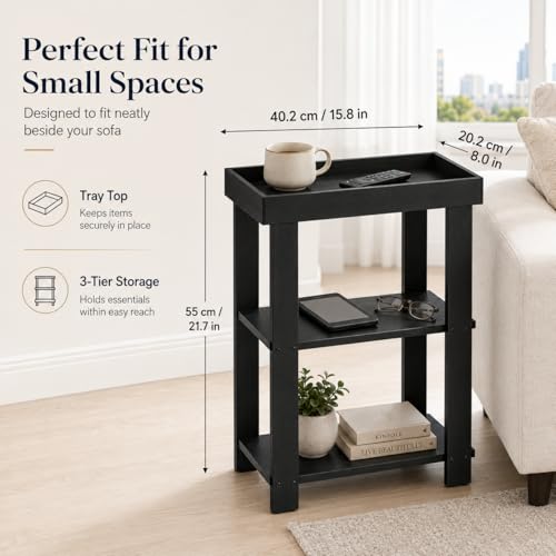 3-Tier Narrow Side Table with Tray Top, Slim Side Table, Black | Farmhouse Narrow End Table with Storage, Modern Slim Table Nightstand for Small Spaces, Bedroom or Living Room - color: Black