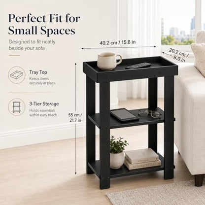 3-Tier Narrow Side Table with Tray Top, Slim Side Table, Black | Farmhouse Narrow End Table with Storage, Modern Slim Table Nightstand for Small Spaces, Bedroom or Living Room - color: Black