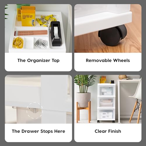 IRIS USA 3-Drawer Rolling Storage Cart, White/Clear | Keep classroom supplies, teacher essentials, craft materials, and learning tools organized with easy-access drawers. - size: 3 Drawer