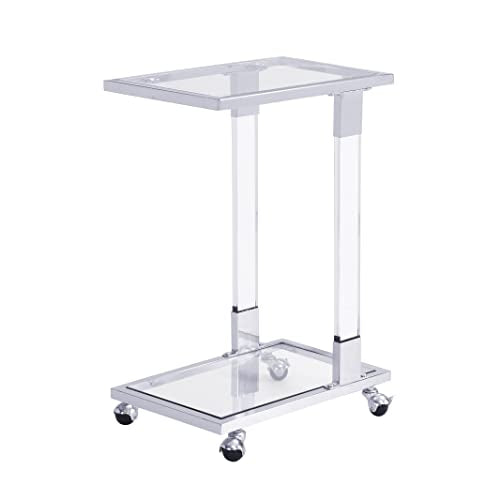 Clear Sofa Side Table C Shaped End Table with Wheels, Rolling Acrylic Bedside Laptop Snack Table TV Tray, Mobile Breakfast Tray Table with Tempered Glass Shelves and Clear Acrylic Frame - color: Acrylic Clear, Silver