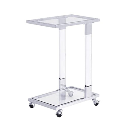 Clear Sofa Side Table C Shaped End Table with Wheels, Rolling Acrylic Bedside Laptop Snack Table TV Tray, Mobile Breakfast Tray Table with Tempered Glass Shelves and Clear Acrylic Frame - color: Acrylic Clear, Silver