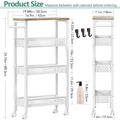 Vivihomety 4-Tier Slim Utility Rolling Laundry Cart with Wheels, Metal | Narrow 7.1" wide, Lockable wheels, wood top panel, metal frame, with handle, for laundry, bathroom, kitchen, white - color: White, size: 7.1 inch wide