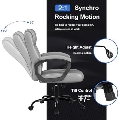 Misolant Office Chair, Executive Desk Chair, PU Leather Comfortable Ergonomic Chairs with Fixed Armrest, Adjustable Height, Rocking Function, 360° Swivel Wheels, Gray - color: Grey