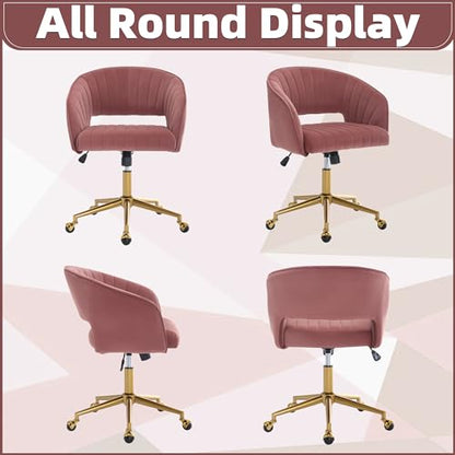 Desk Chair with Wheels, Gold Base, Velvet Accent Vanity Armchair, Rose Red | Spacious‌ Soft Seat, Swivel Height Adjustable, Rocking Function, Modern Stripe for Girls &Women Bedroom Makeup or Nail - color: Rose Red Velvet