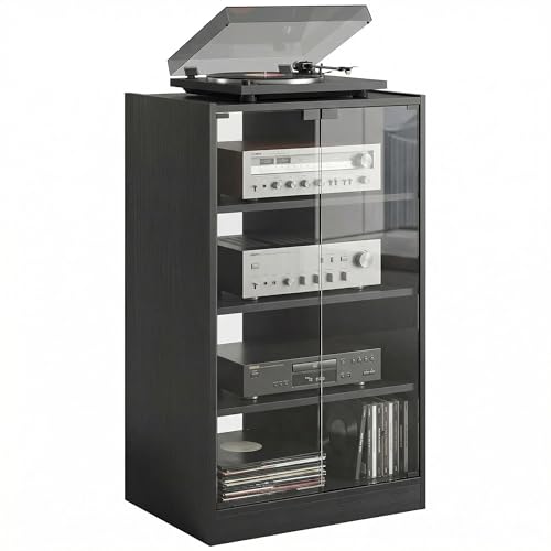 HOMCOM Media Cabinet 4-Tier Stereo Cabinet with Glass Door Black | Vinyl Record Player, AV Record Player Stand, Adjustable Shelves, Push-to-Open Glass Doors, Cable Management - color: Distressed Black