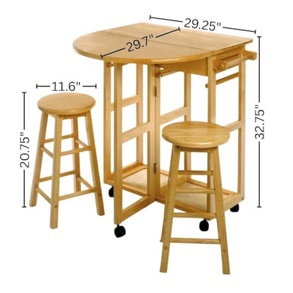 Furnifact Space-Saving 3-Piece Drop Leaf Dining Set, Solid Wood Table & 2 Round Stools, Brown