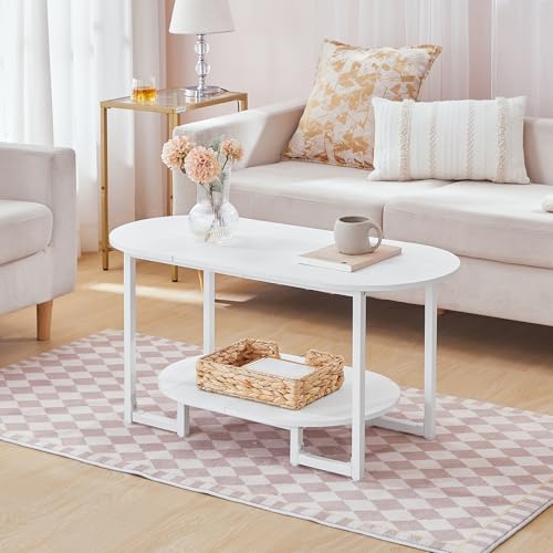 HOOBRO Coffee Table for Living Room, Oval Small Coffee Table with 2-Tier Open Storage Shelf, Industrial Cocktail Tea Table, Wooden Desktop Center Table, Farmhouse, Home Office, White WW09KF01 - color: White