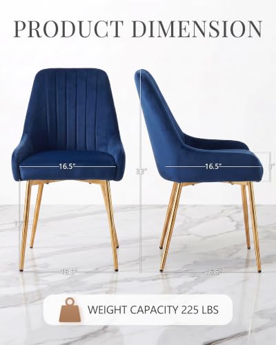 Blue Velvet Dining Chairs Set of 6, Modern Kitchen and Vanity Chairs | Modern upholstered vanity chairs with gold metal legs, stain-resistant hand-quilted fabric, high-density foam cushion seat - color: Blue, size: Set of 6