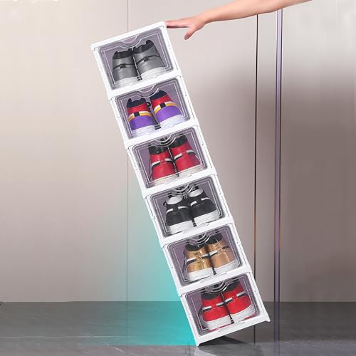 Nicunom Foldable Shoe Rack Organizer, 6-Tier Shoe Storage Box Collapsible Plastic Shoe Shelf Clear Shoe Boxes with Doors, Stackable Shoe Storage Bins Shoe Organizer for Entryway Closet